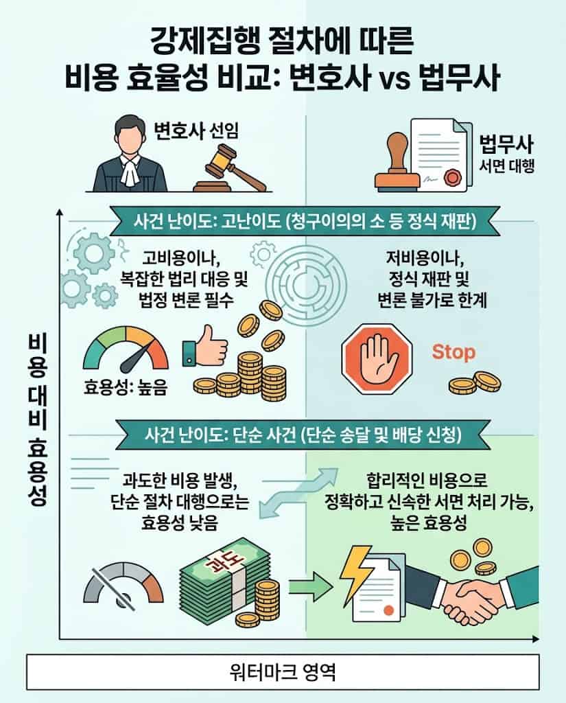유체동산 강제집행 사건 난이도별 변호사 선임 및 법무사 대행 비용 효율성 대조표