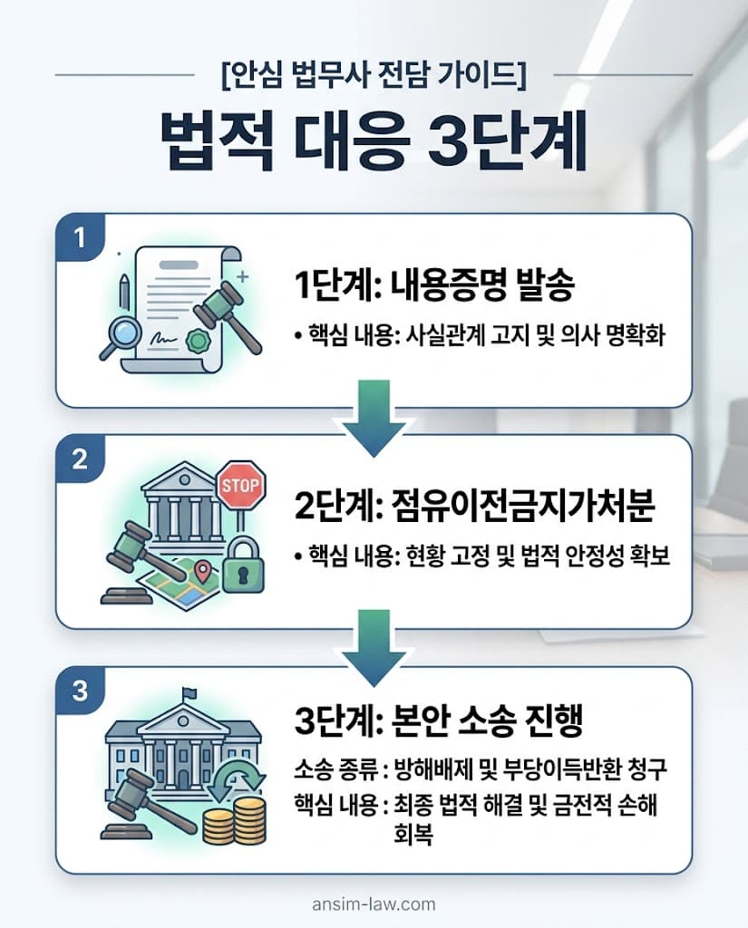 방해배제 및 부당이득 반환 청구 소송의 체계적인 진행 절차 플로우차트