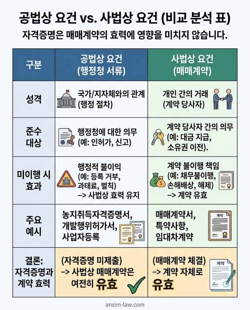 공법상 요건과 사법상 매매계약 효력을 비교한 한글 인포그래픽 표