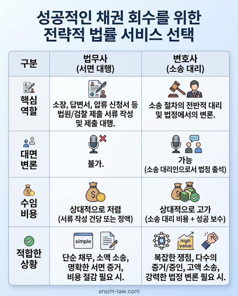 채권 회수 상황에 따른 법무사와 변호사의 역할 및 비용 비교표