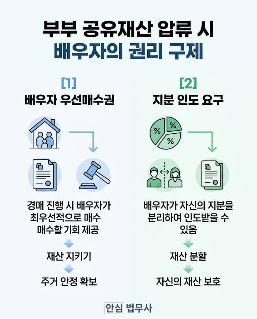 강제집행 시 배우자 우선매수권 및 지분 인도 요구를 통한 방어 수단 안내 인포그래픽