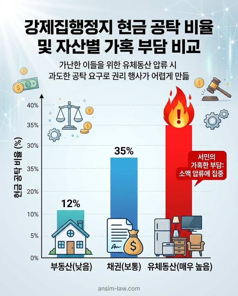 유체동산 집행정지 시 요구되는 과도한 현금 공탁 비율을 부동산, 채권과 비교한 막대그래프