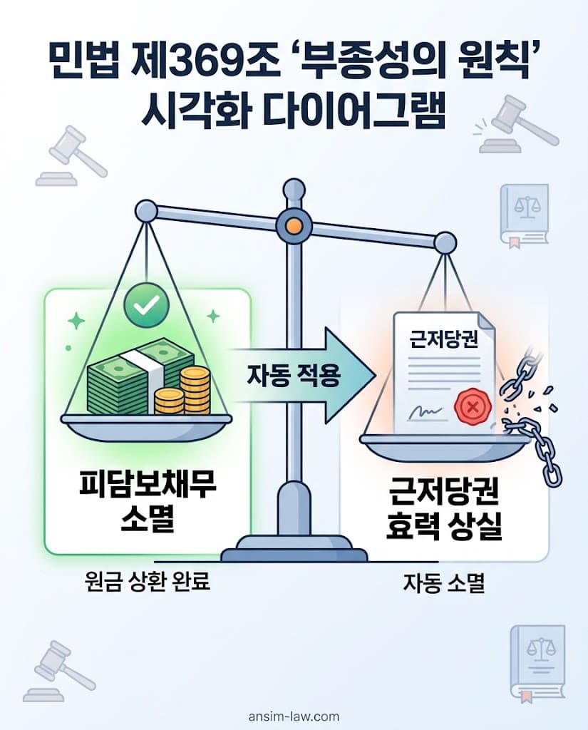 주된 채무가 소멸하면 종된 저당권도 소멸한다는 민법상 부종성의 원칙 시각화 자료