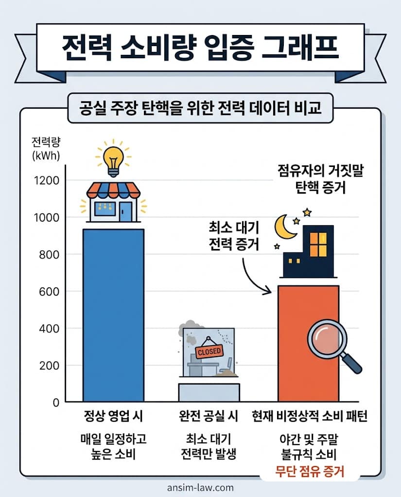 공실 주장 상가의 비정상적 전력 소비량 패턴을 보여주는 전기세 실질 사용 입증 그래프.