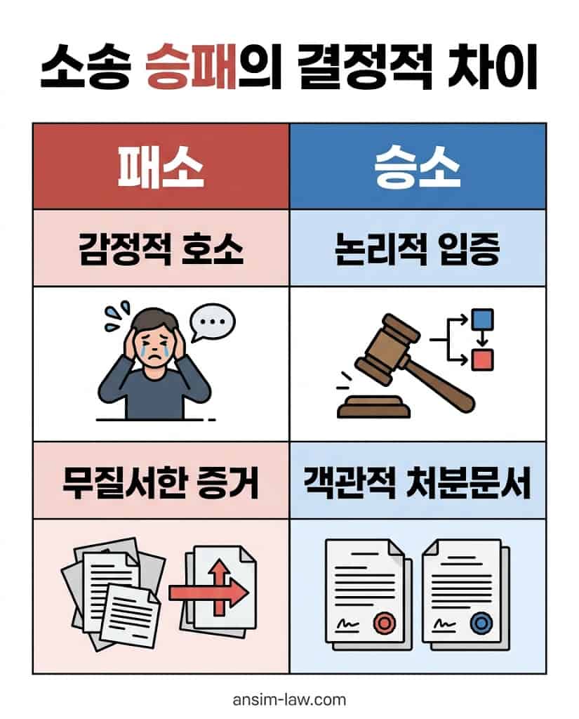 감정적 호소로 패소하는 경우와 객관적 증거 및 논리로 승소하는 재판 실무의 결정적 차이 비교표
