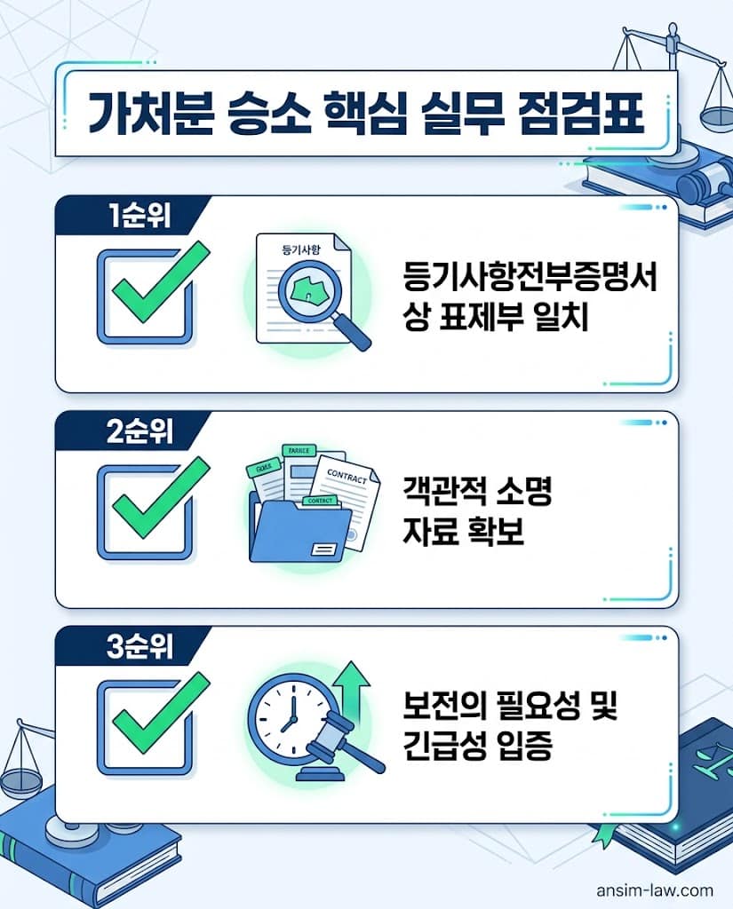 가처분 신청 전 반드시 확인해야 할 객관적 지표 기반의 승소 핵심 실무 체크리스트입니다.