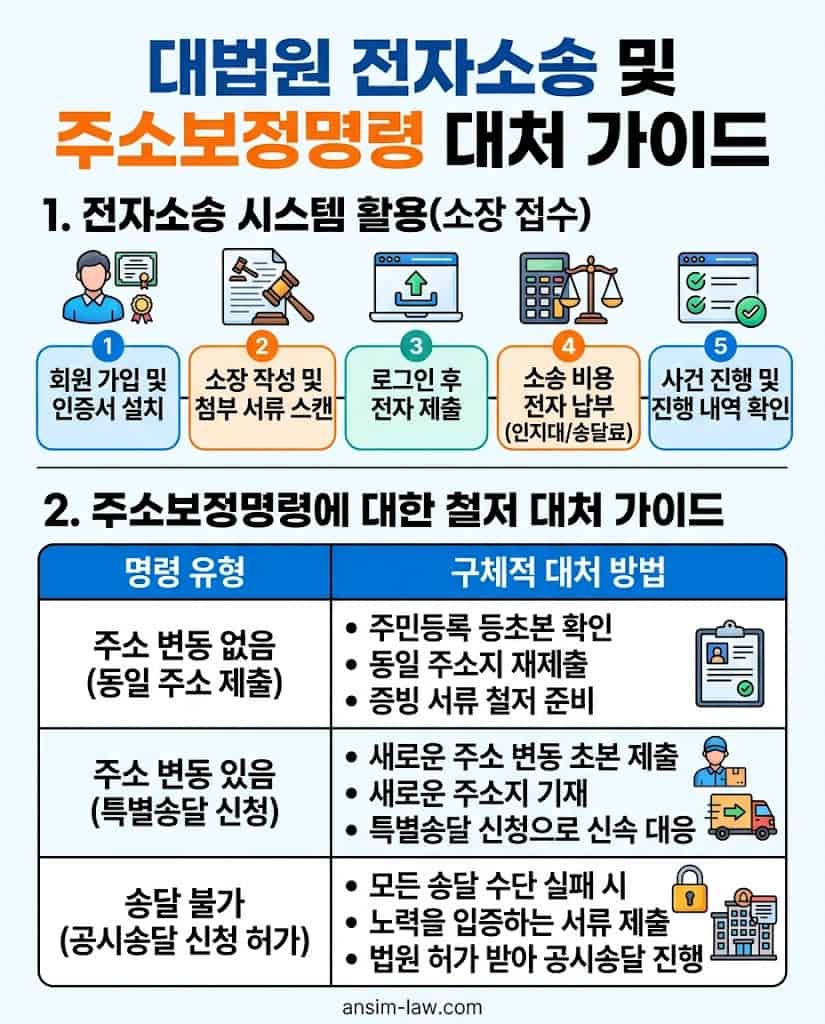 대법원 전자소송 시스템 활용 및 주소보정명령 대응 요령을 담은 요약표