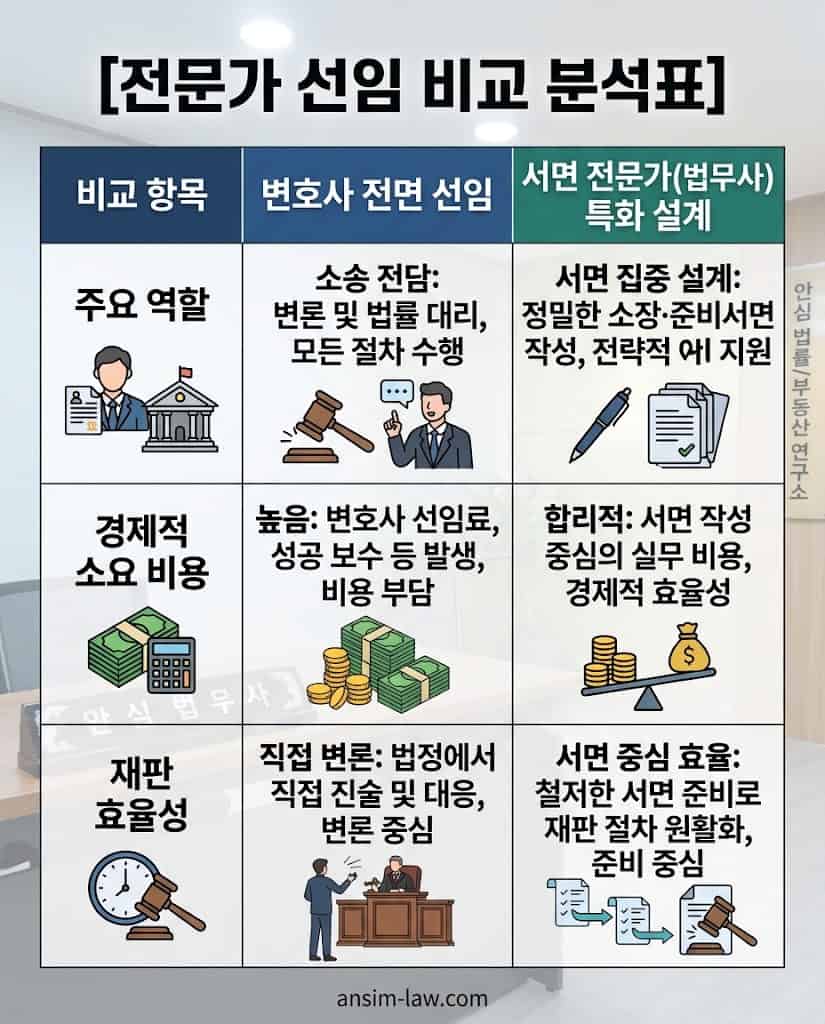 부동산 소송 시 변호사 선임과 법무사 서면 설계 방식의 비용 및 진행 효율성 비교표.