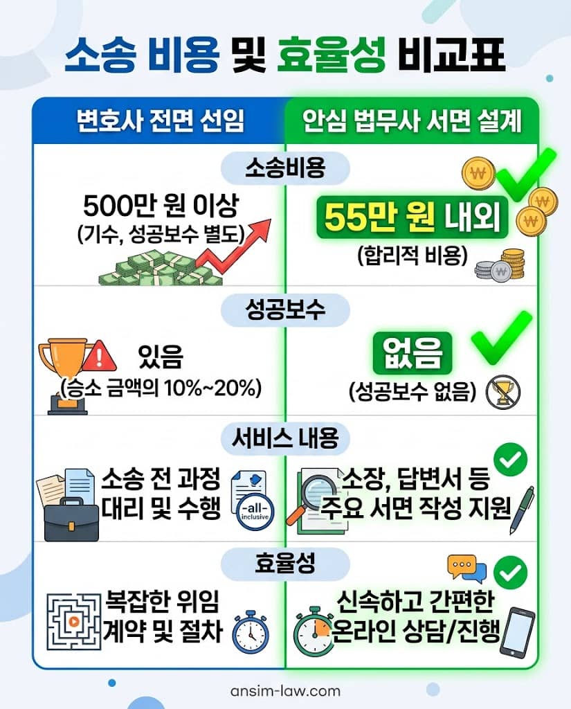 변호사 선임과 법무사 서면 설계의 소송 비용 및 효율성 비교표