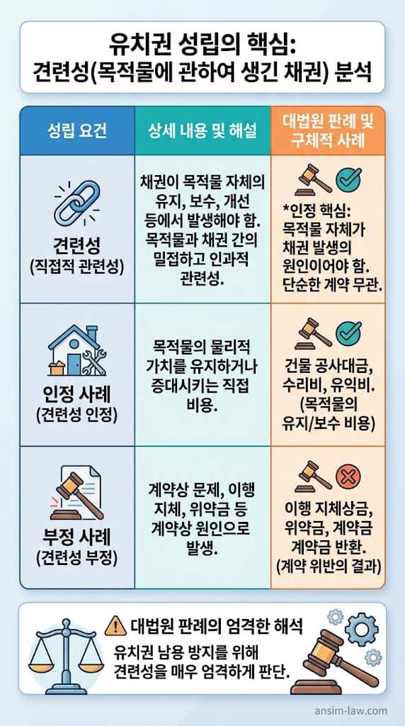 대법원 판례에 따른 유치권 성립 요건 및 채권과 목적물 간의 엄격한 견련성 판단 기준