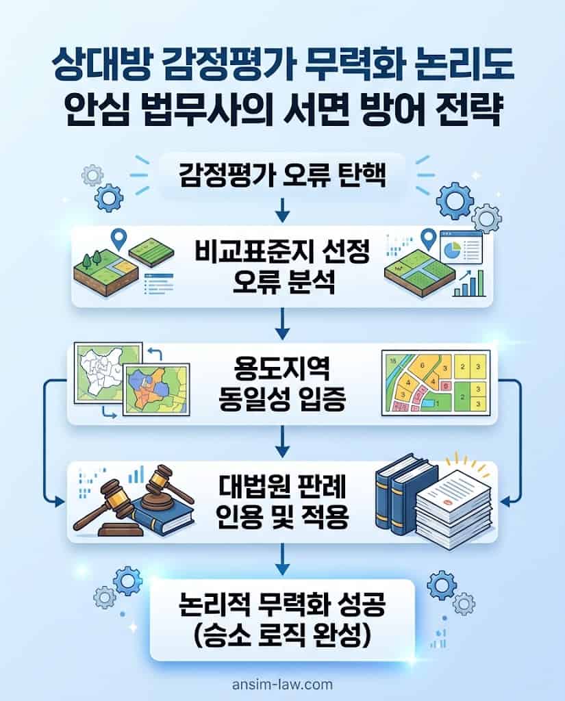 부당한 감정평가 결과를 논리적으로 탄핵하고 대법원 판례를 통해 적정 보상가를 입증하는 방어 논리도입니다.