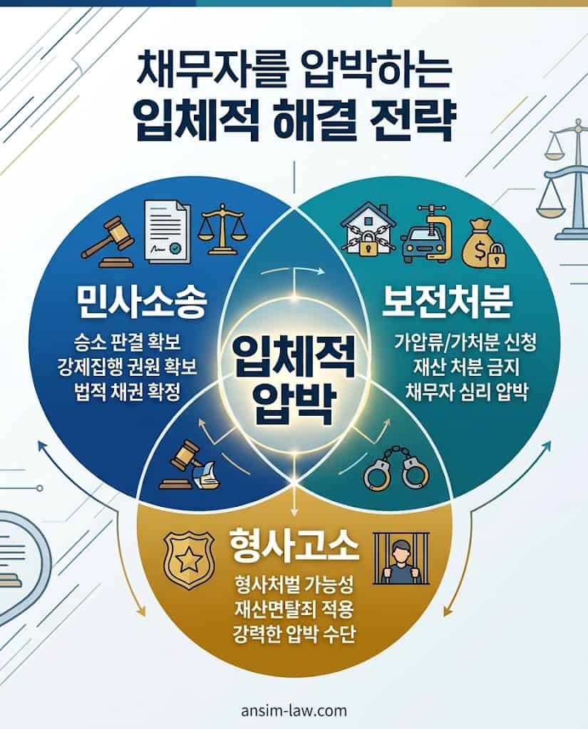 민사소송, 보전처분, 형사고소를 연계한 입체적인 채무자 압박 전략 그래픽