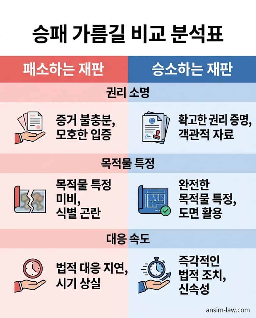 패소하는 재판과 승소하는 재판의 결정적 차이를 대조 분석한 입증 전략 비교표.