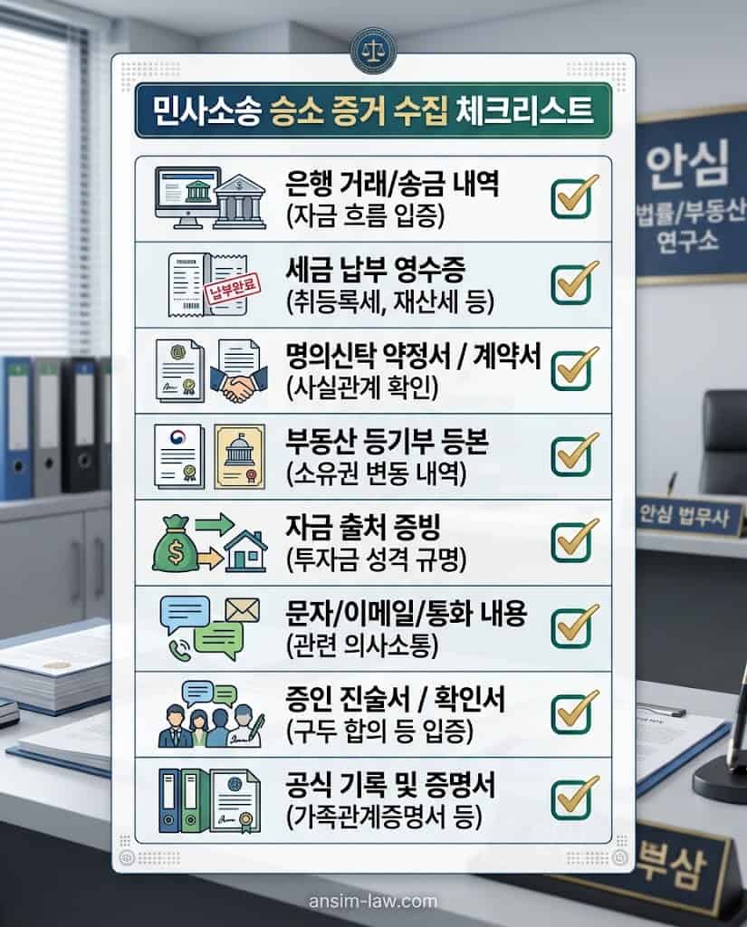 성공적인 명의신탁 소송을 위해 사전에 준비해야 할 객관적 증거 수집 실무 체크리스트.