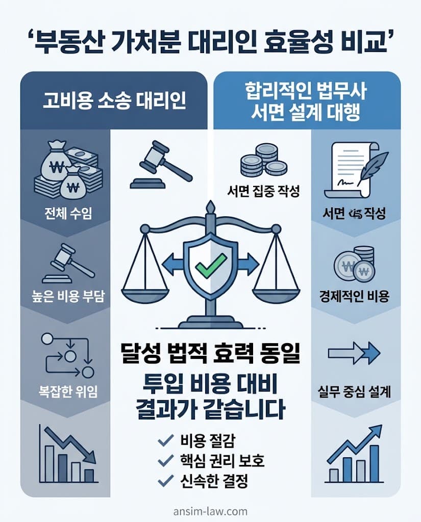 고비용 대리인 선임과 법무사 서면 설계의 효율성 및 비용 비교도입니다.