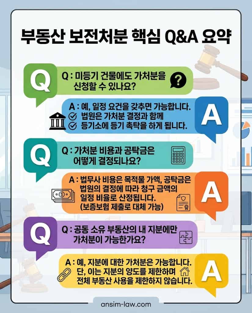 미등기 건물 보전처분 등 실무에서 가장 자주 묻는 가처분 신청 핵심 질의응답 요약본.