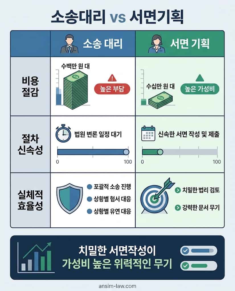변호사 소송 대리와 법무사 서면 기획의 비용 및 효율성 비교표