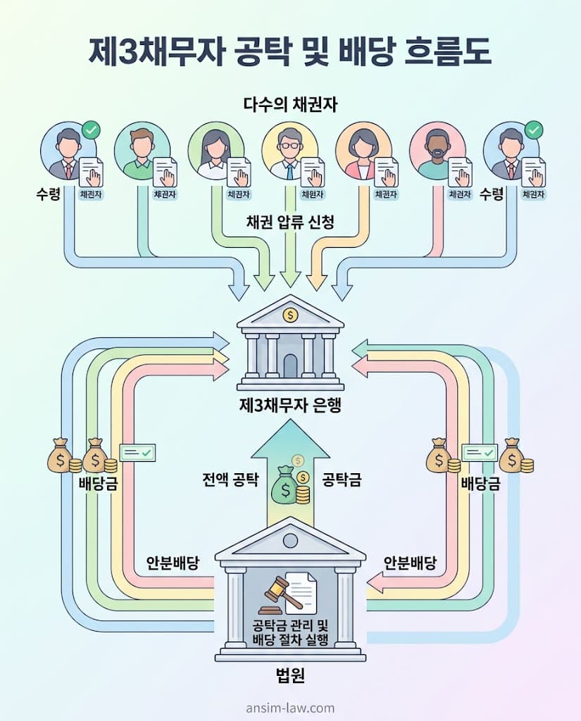 다수 채권자의 압류 경합 발생 시 은행의 법원 공탁 및 채권액 비례 안분배당 절차를 보여주는 다이어그램.