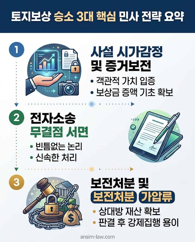 성공적인 보상금 증액을 위해 법무사가 선제적으로 투입하는 세 가지 핵심 민사 소송 전략 요약본입니다.