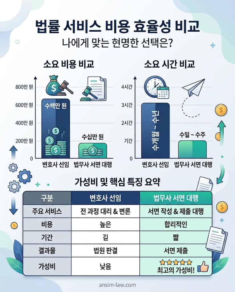변호사 선임 대비 법무사 대행의 비용 및 시간 효율성 비교 막대그래프