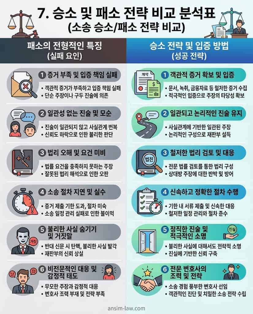 패소의 전형적인 특징과 이를 극복하는 승소 전략 및 입증 방법을 대조한 분석표