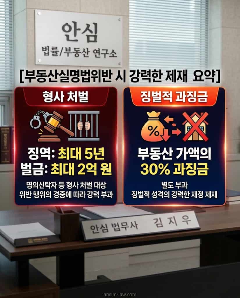 부동산실명법 위반 시 부과되는 무거운 형사 처벌 및 거액의 과징금 행정 제재 요약표.