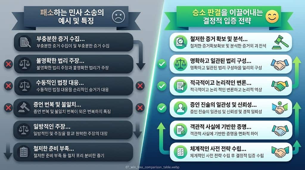 패소하는 민사 소송의 전형적 특징과 승소 판결을 이끌어내는 결정적 입증 전략의 차이 비교표