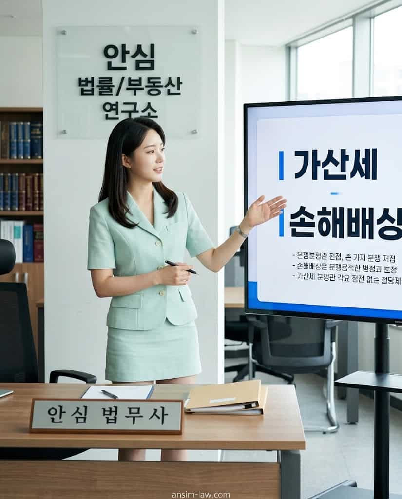 민트색 정장을 입고 세무 분쟁 손해배상 핵심 용어 화면을 설명하는 안심 법무사입니다 .
