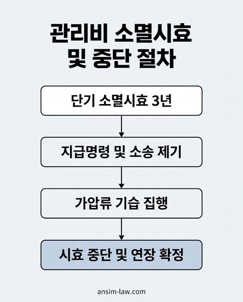 체납 관리비 단기 소멸시효 3년 중단 및 유효 기간 연장을 위한 법적 절차 플로우차트