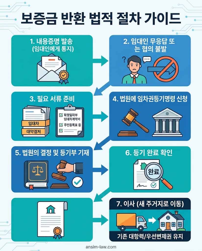 내용증명 발송부터 임차권등기명령 완료까지의 법적 대응 절차 요약도