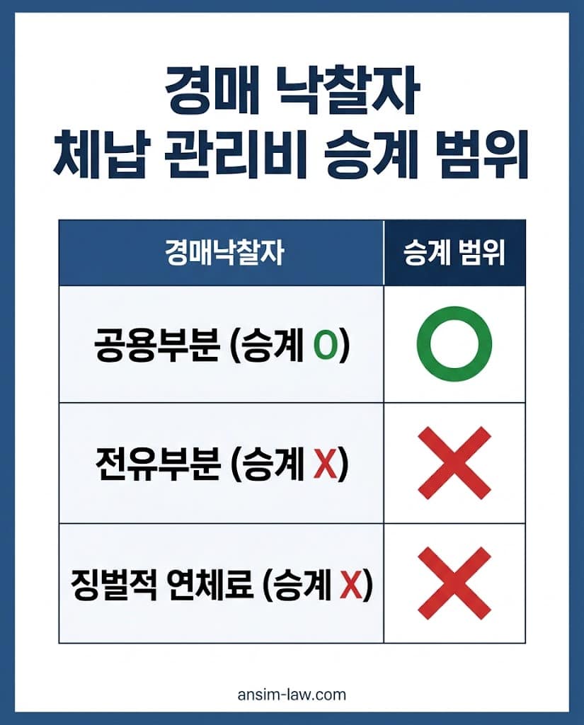 대법원 판례에 따른 경매 낙찰자의 공용부분, 전유부분, 징벌적 연체료 승계 범위 비교표