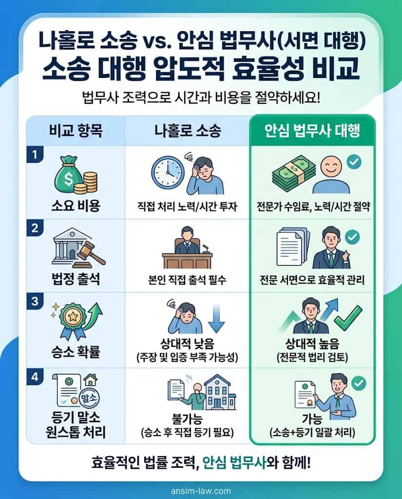 나홀로 소송과 법무사 조력 소송의 비용, 시간, 승소율을 분석한 객관적 비교표