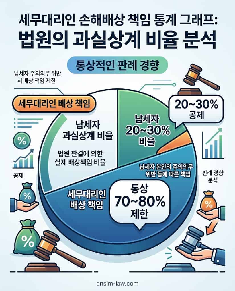 법원의 과실상계 법리에 따른 세무 대리인의 배상 책임 70~80% 제한을 보여주는 그래프 .