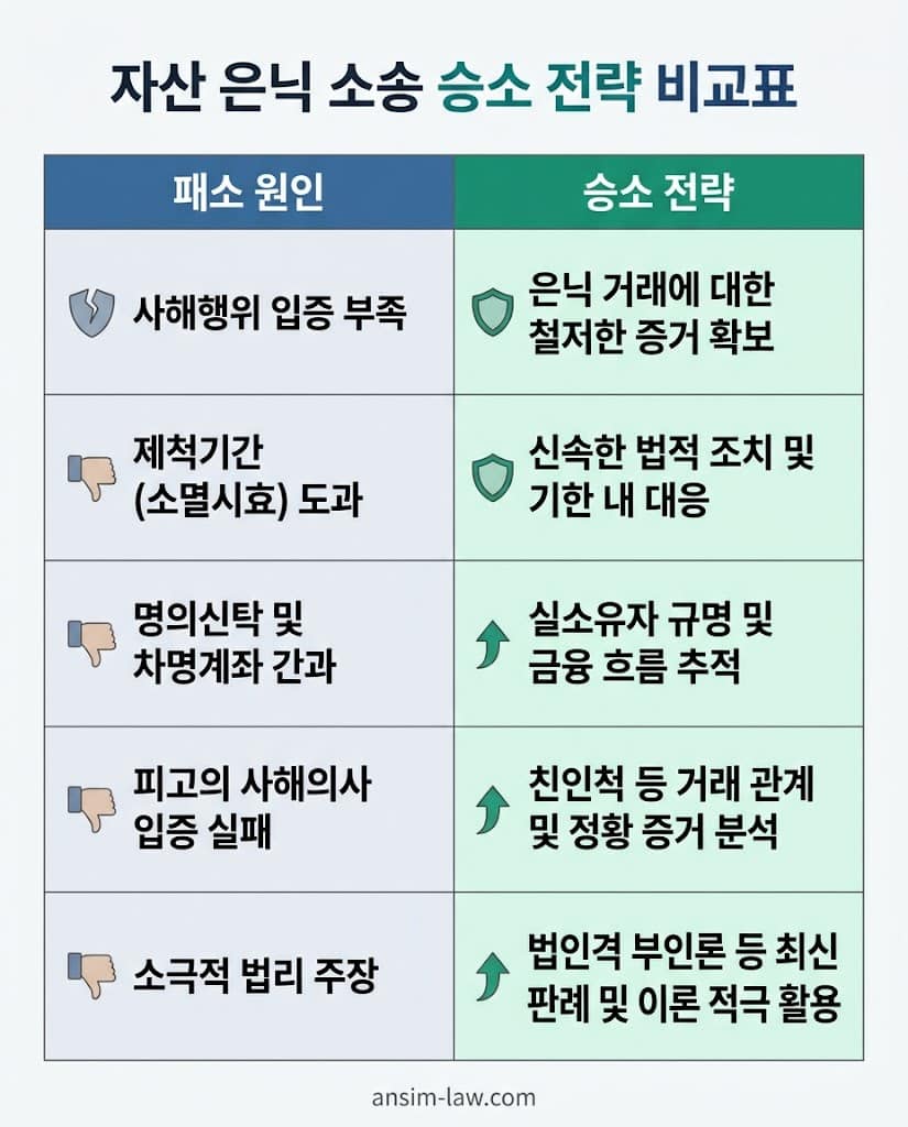 법인 채권자 자산 은닉 대응 소송의 패소 원인 및 승소 전략 비교표