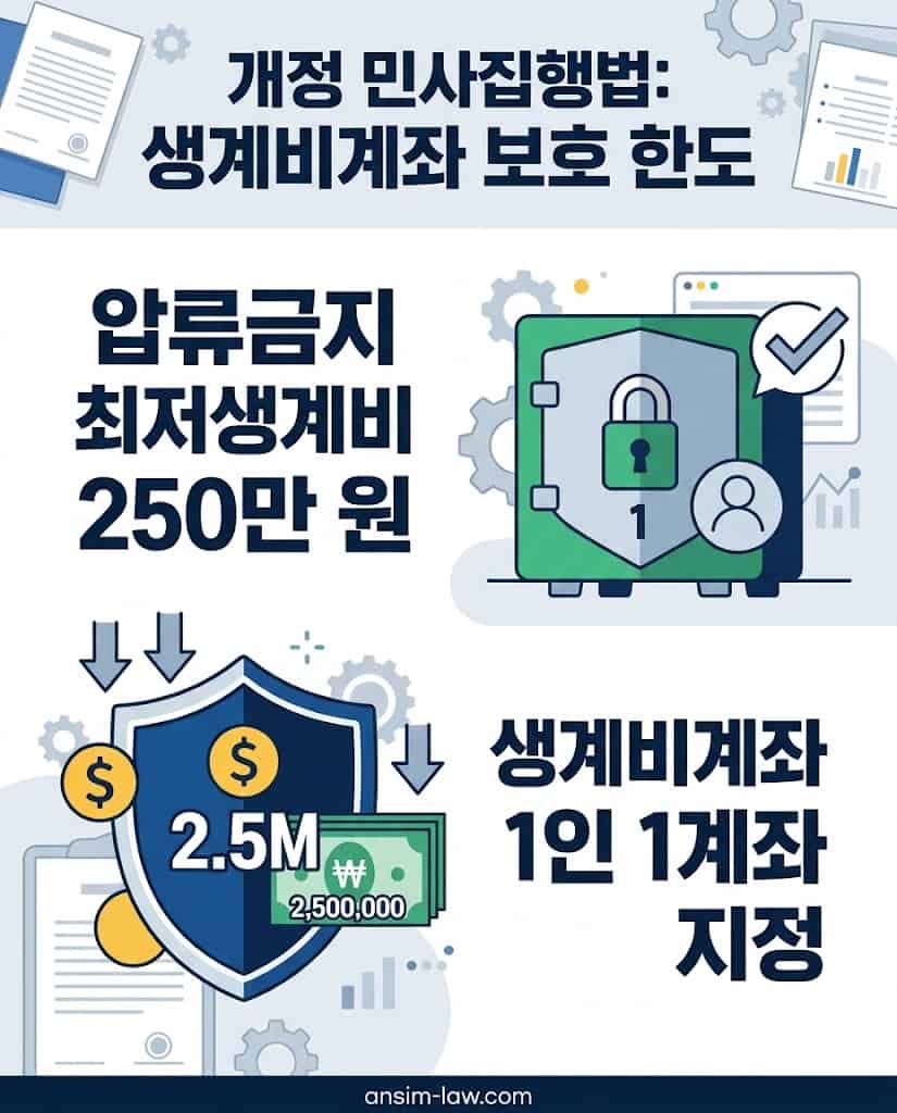 민사집행법 개정에 따른 250만 원 압류 금지 한도 및 1인 1생계비계좌 보호 안내