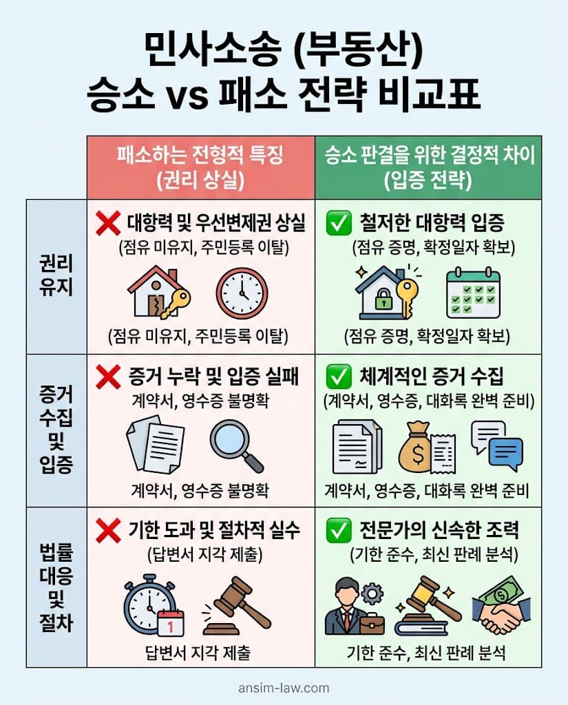 보증금 반환 소송에서 패소하는 경우와 승소하는 경우의 결정적 입증 전략 차이 비교표