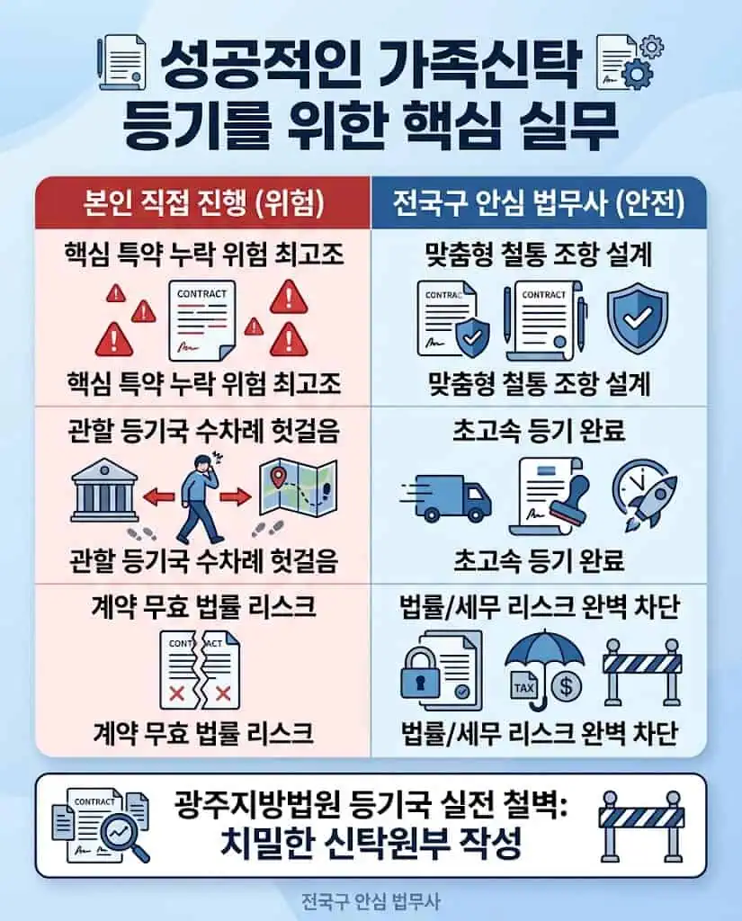 관할 지방법원 등기국 신탁원부 작성 및 직접 진행 vs 법무사 대행 비교 인포그래픽